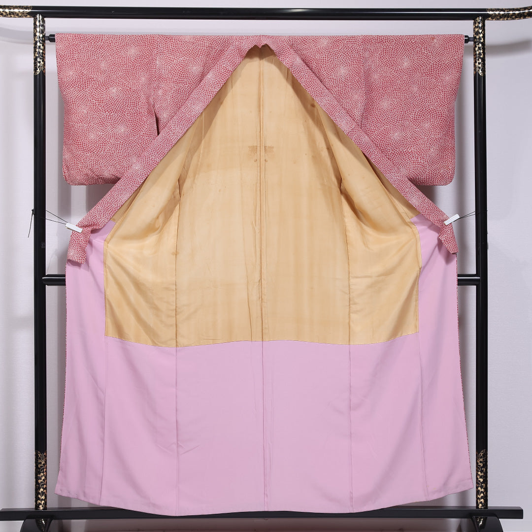 小紋 袷 身丈157cm 裄丈64cm 正絹 Cランク インフォーマル バチ衿 Mサイズ 菊 ピンク系 HP 1221-11722