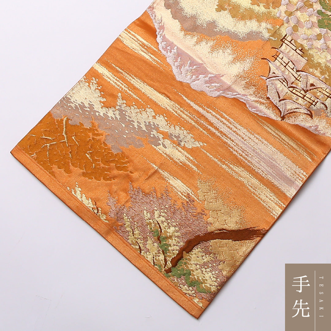 袋帯 帯丈436cm 正絹 六通 セミフォーマル 城 楼閣 松 金系 朱系 1243-01564