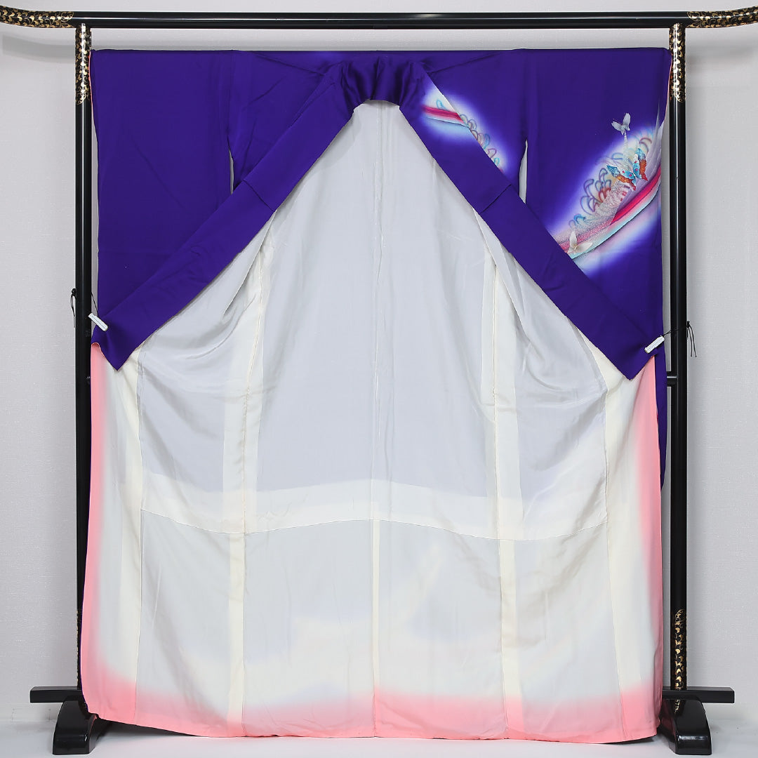 振袖 身丈167cm 裄丈68.5cm Sランク 袷 正絹 M 広衿 モダン ぼかし 蝶 吉祥文様 青系 1213-F0431