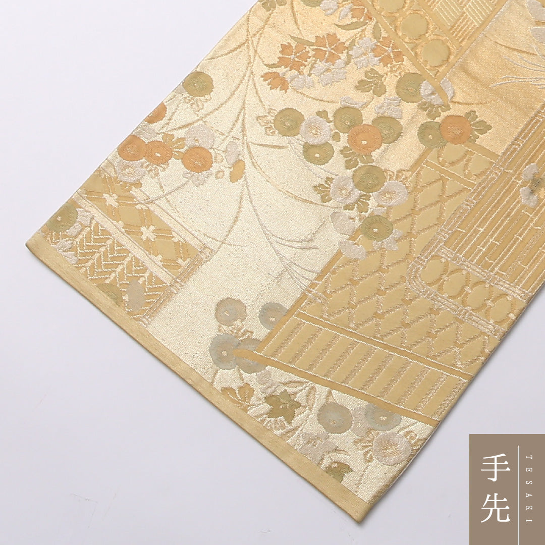 袋帯 帯丈420cm 正絹 六通 フォーマル 琳派 几帳 椿 金系 朱系 1243-01581