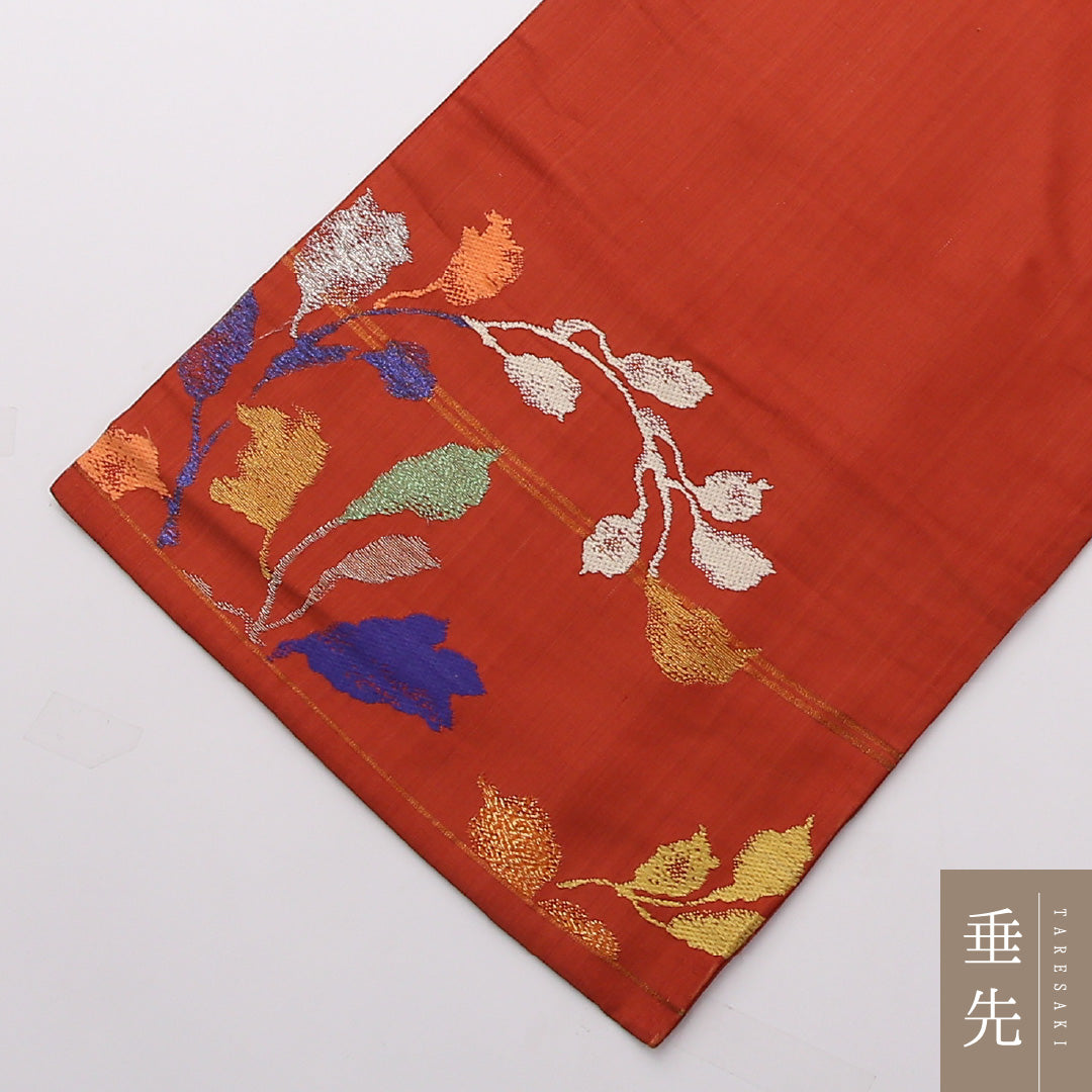アンティーク 名古屋帯 六通 帯丈327cm Aランク 正絹 すくい織 牡丹 桔梗 蒲公英 赤系 1224-02368