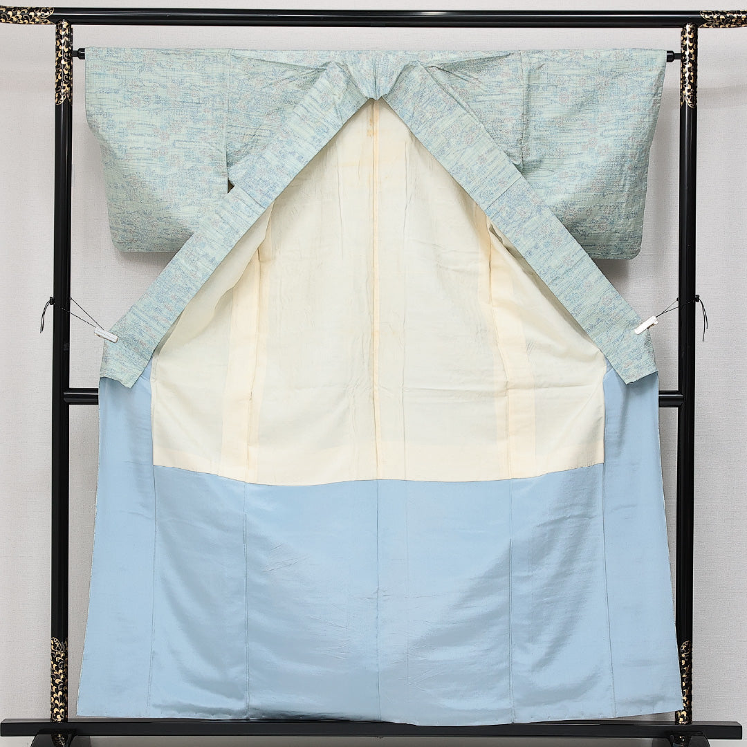 紬 袷 身丈160cm 裄丈64cm 正絹 Cランク カジュアル 広衿 Lサイズ 花柄 水色系 HP 1223-14362