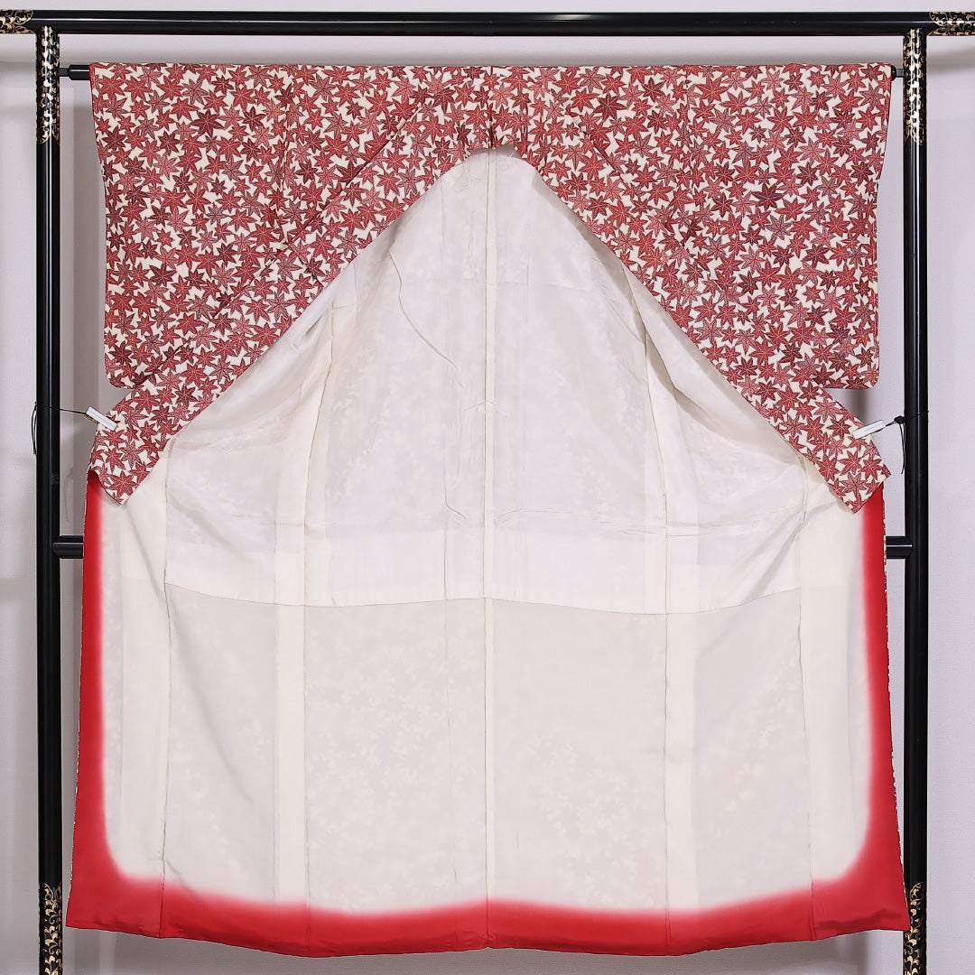 小紋 袷 身丈149.5cm 裄63.5cm 正絹 紅葉 赤系 Cランク 1215-02466