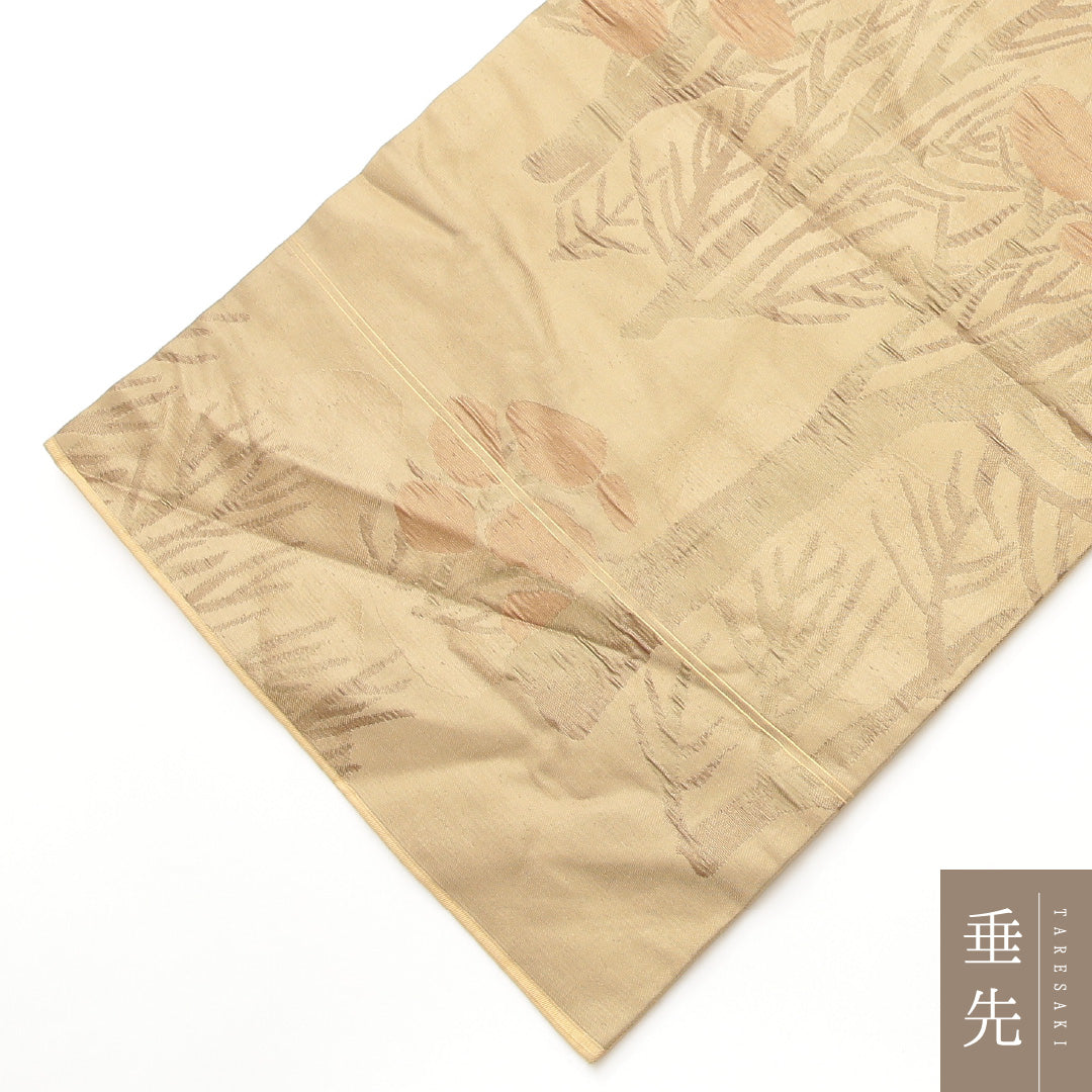 九寸名古屋帯 Aランク 帯丈349cm 正絹 六通 名古屋仕立て 織り カジュアル 植物柄 ベージュ系 RP 1245-02073
