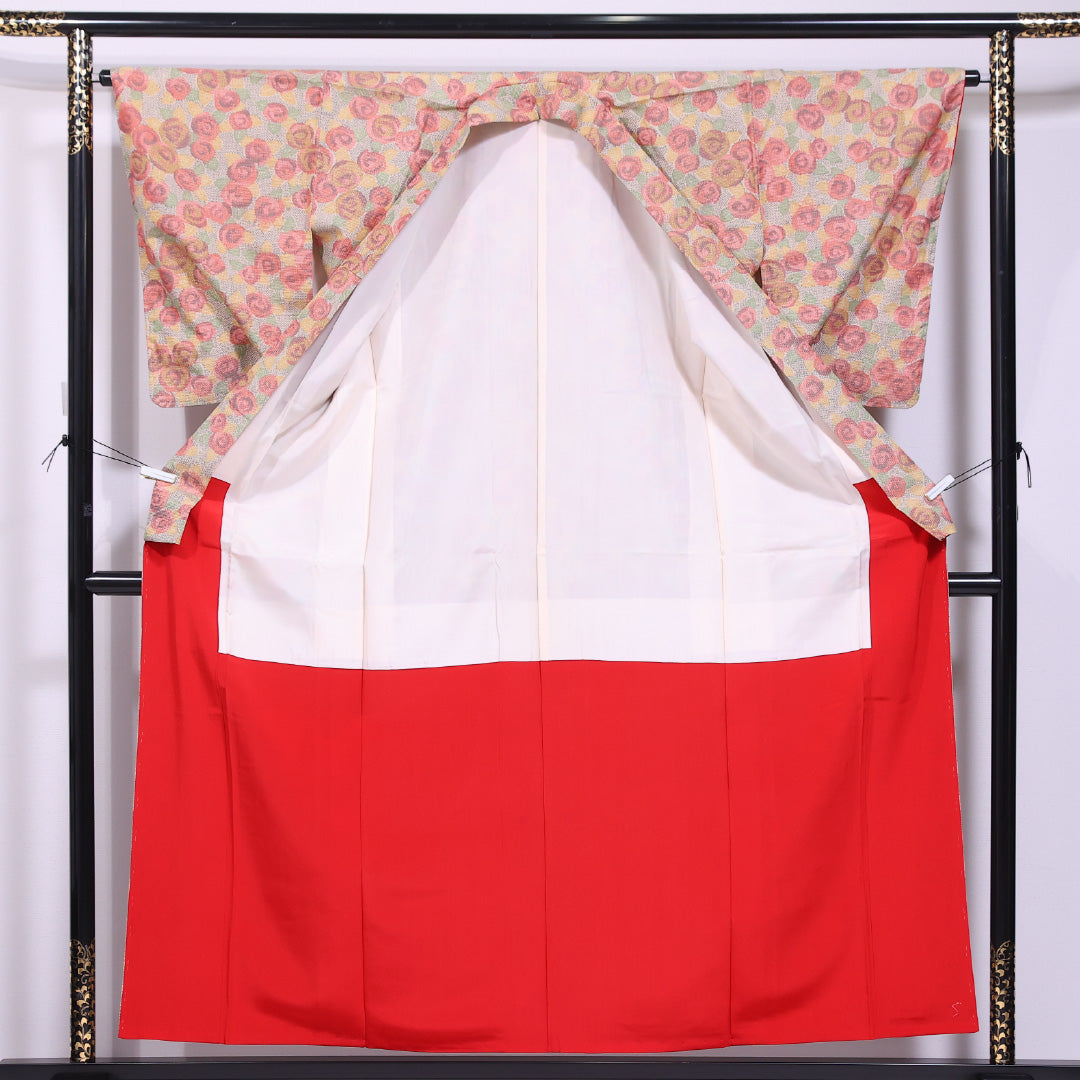 大島紬 袷 身丈155cm 裄丈63cm 正絹 Sランク インフォーマル バチ衿 Mサイズ 薔薇 ピンク系 M4 1223-11596