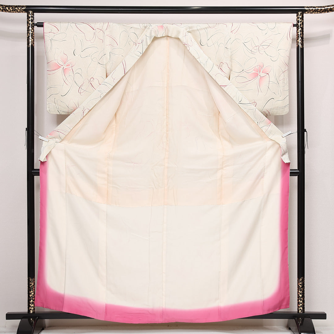 小紋 袷 身丈163cm 裄丈66cm 正絹 Aランク インフォーマル バチ衿 Lサイズ クリーム系 RP 1221-13324