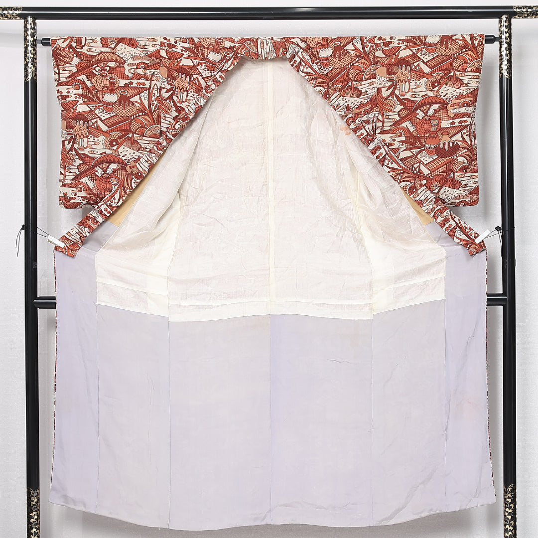 アンティーク 小紋 袷 身丈149cm 裄丈64cm 正絹 Aランク バチ衿 XSサイズ 壺 朱系 M4 1221-11921