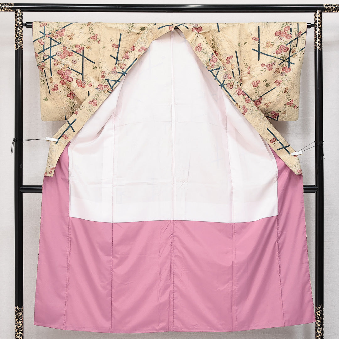 小紋 洗える着物 袷 身丈151cm 裄丈62cm ポリエステル Bランク Sサイズ バチ衿 インフォーマル 菊 ベージュ系 1215-14600