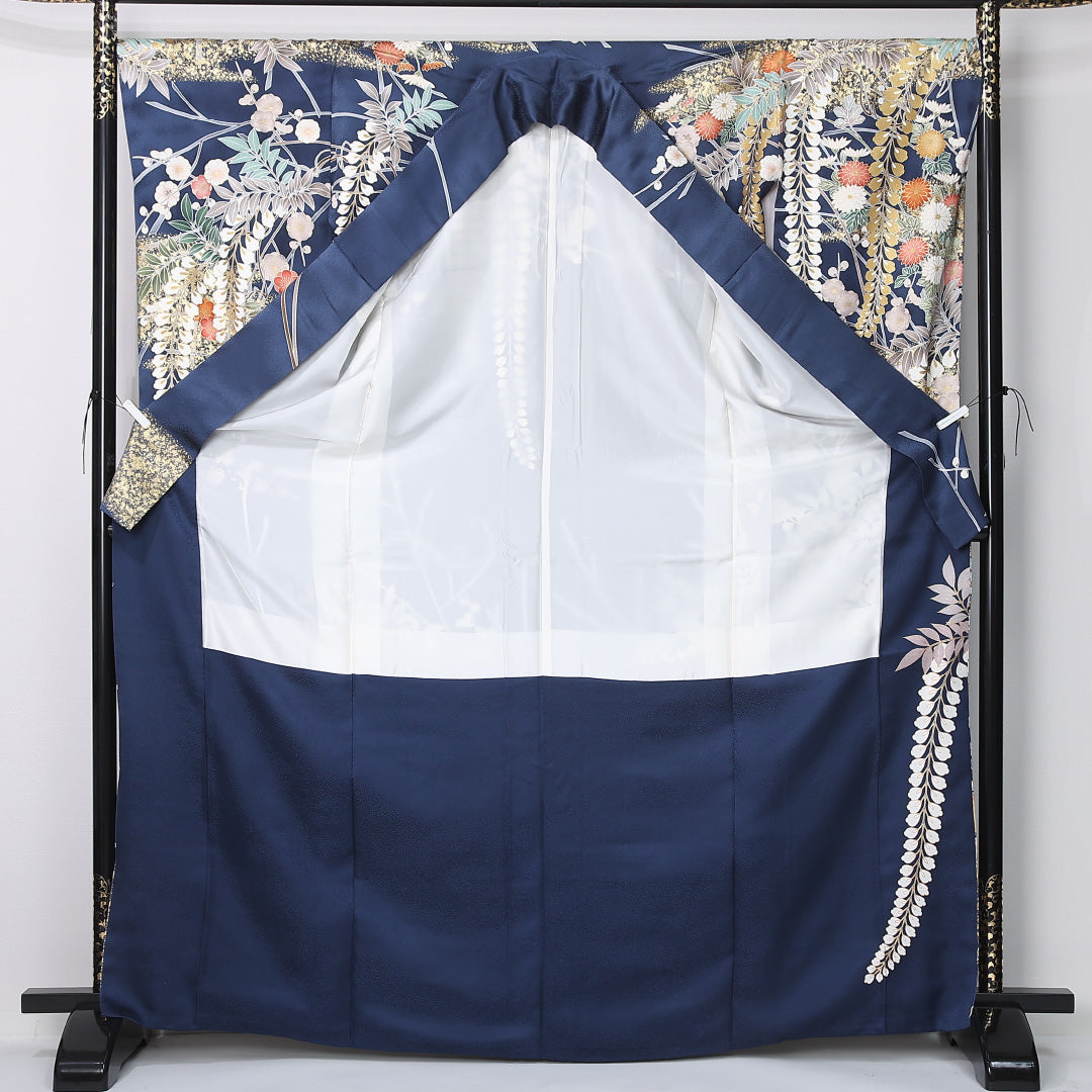 振袖 身丈169cm 裄丈68.5cm Sランク 正絹 袷 広衿 XL 金駒刺繍 菊 フォーマル 古典的 華やか 紺系 1213-F0502