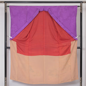 アンティーク 色留袖 袷 身丈152cm 裄62.5cm 正絹 扇子 牡丹や桔梗 紫系 Bランク 1211-00120