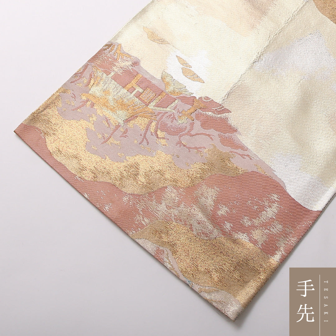 名勝 寂光院 袋帯 帯丈400cm 六通 フォーマル Aランク 正絹 引箔 寂光院 写実的 存在感 金系 1223-01719