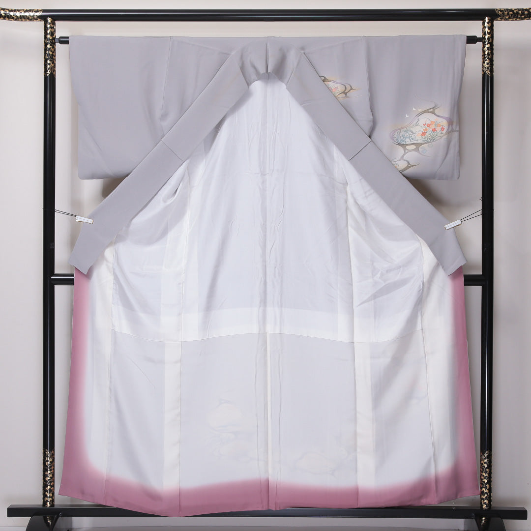 訪問着 袷 身丈158cm 裄丈62cm 正絹 Aランク セミフォーマル 広衿 Mサイズ ぼかし染 鶴 花柄 グレー系 RP 1217-04585