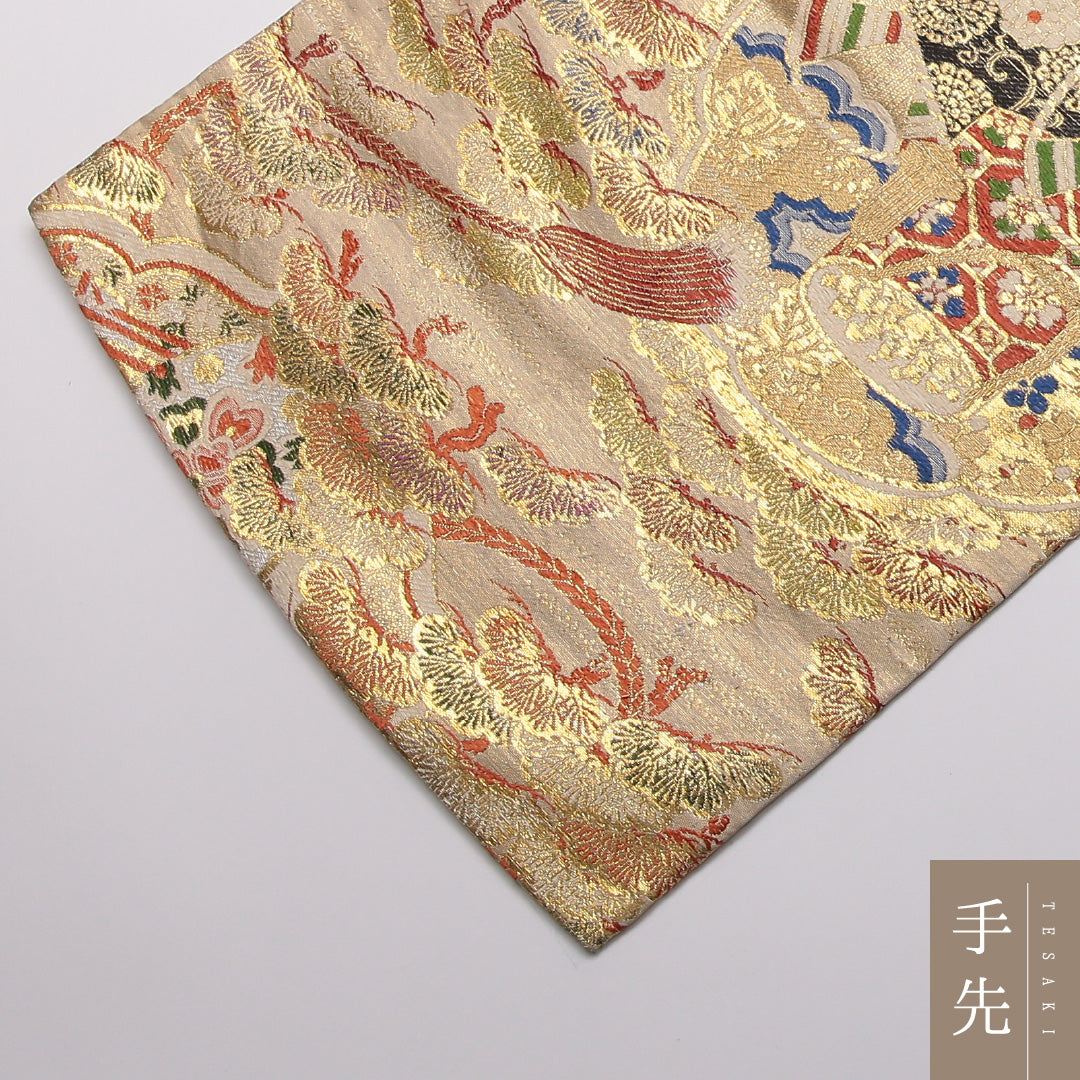 アンティーク 丸帯 帯丈416cm 正絹 全通 松鶴 御所解 金系 1242-01341
