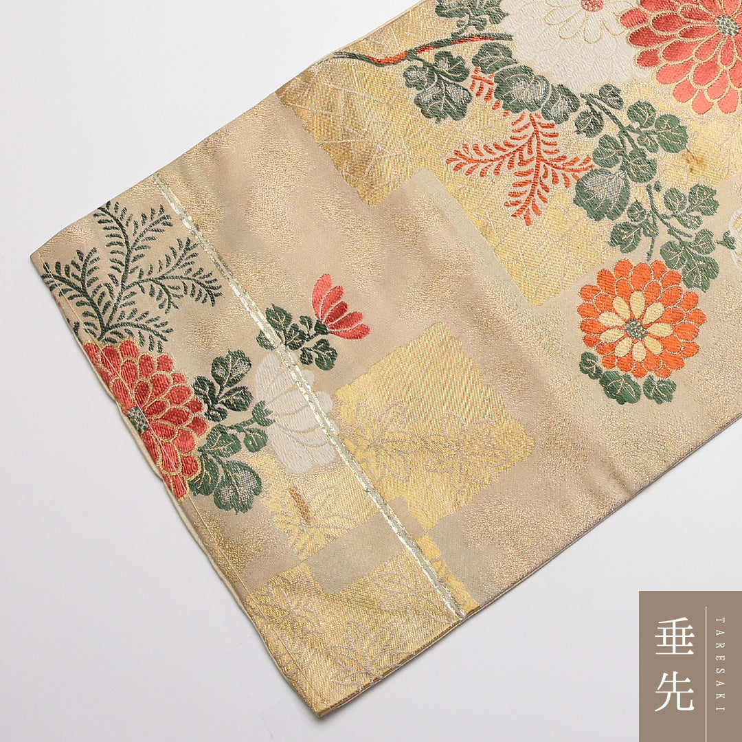 アンティーク 九寸名古屋帯 Cランク 帯丈332cm 正絹 六通 名古屋仕立て 織り 菊 ベージュ系 M4 1245-01795