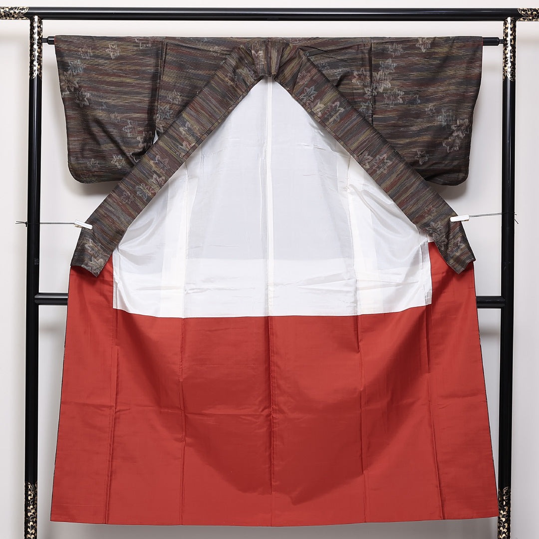 洗える着物 紬 袷 身丈152cm 裄丈62cm ポリエステル Sランク カジュアル 広衿 Sサイズ 紅葉 茶系 RP 1223-03852