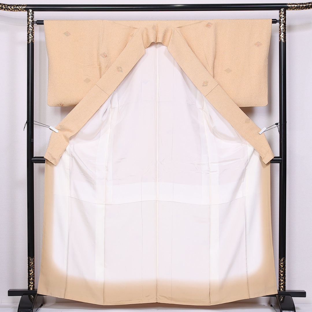 小紋 袷 身丈164cm 裄丈62cm 正絹 Sランク インフォーマル 広衿 Lサイズ 刺繍 汕頭刺繍 ガード加工 青海波 クリーム系 RP 1221-11335