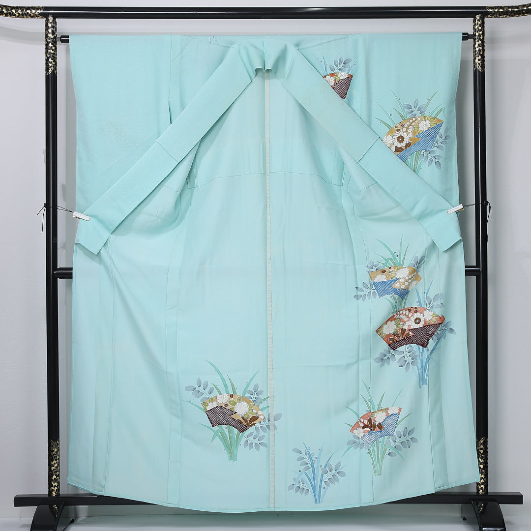 付下げ 身丈162cm 裄丈64cm Aランク L 正絹 単衣 広衿 扇 藤 インフォーマル 水色系 1261-12311