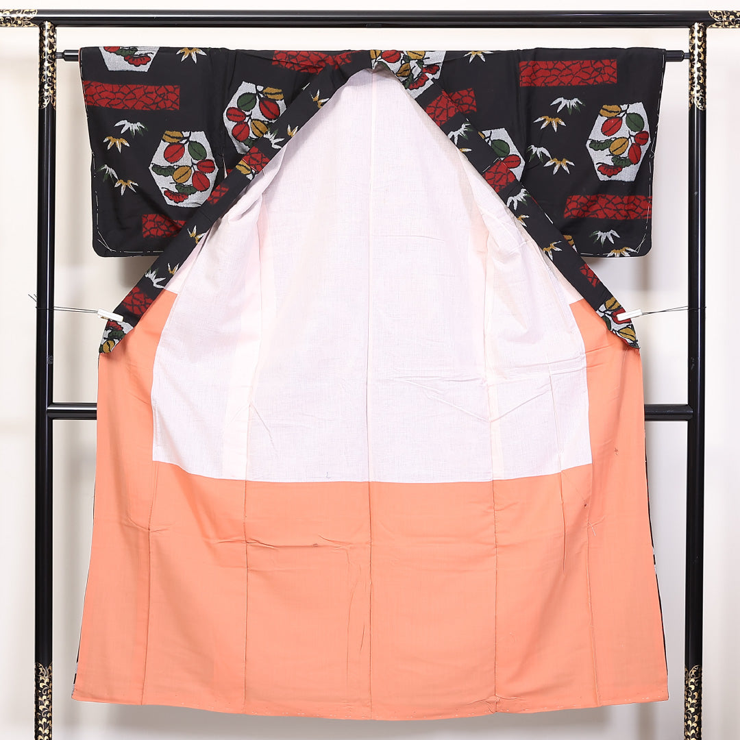 アンティーク お召 袷 身丈151cm 裄62cm 正絹 黒系 Aランク 1216-01276