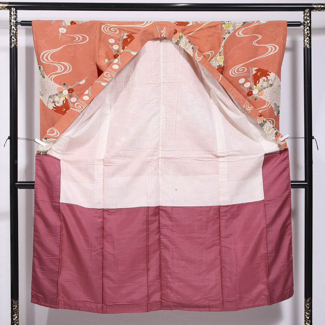 アンティーク 小紋 袷 身丈145cm 裄丈60cm 正絹 Bランク バチ衿 XSサイズ 小振袖 流水 菊 ピンク系 M4 1221-11677