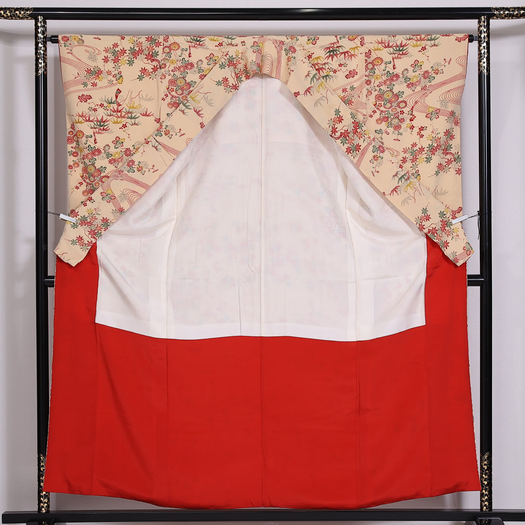小紋 袷 身丈155.5cm 裄63.5cm 正絹 流水 梅 紅葉 菊 笹 クリーム系 Bランク 1215-02471