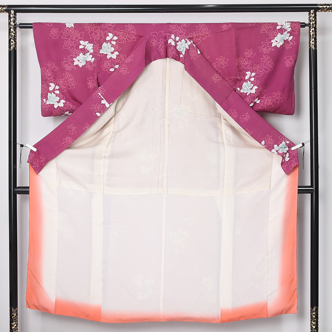 アンティーク 小紋 袷 身丈146cm 裄丈62cm 正絹 Bランク 広衿 XSサイズ 薔薇 紫系 M4 1221-12478
