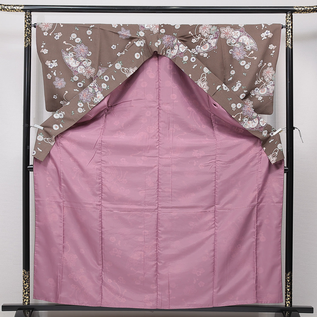小紋 袷 身丈161cm 裄丈65cm 正絹 Cランク インフォーマル 広衿 Lサイズ 梅 紅葉 茶系 LP 1221-15602