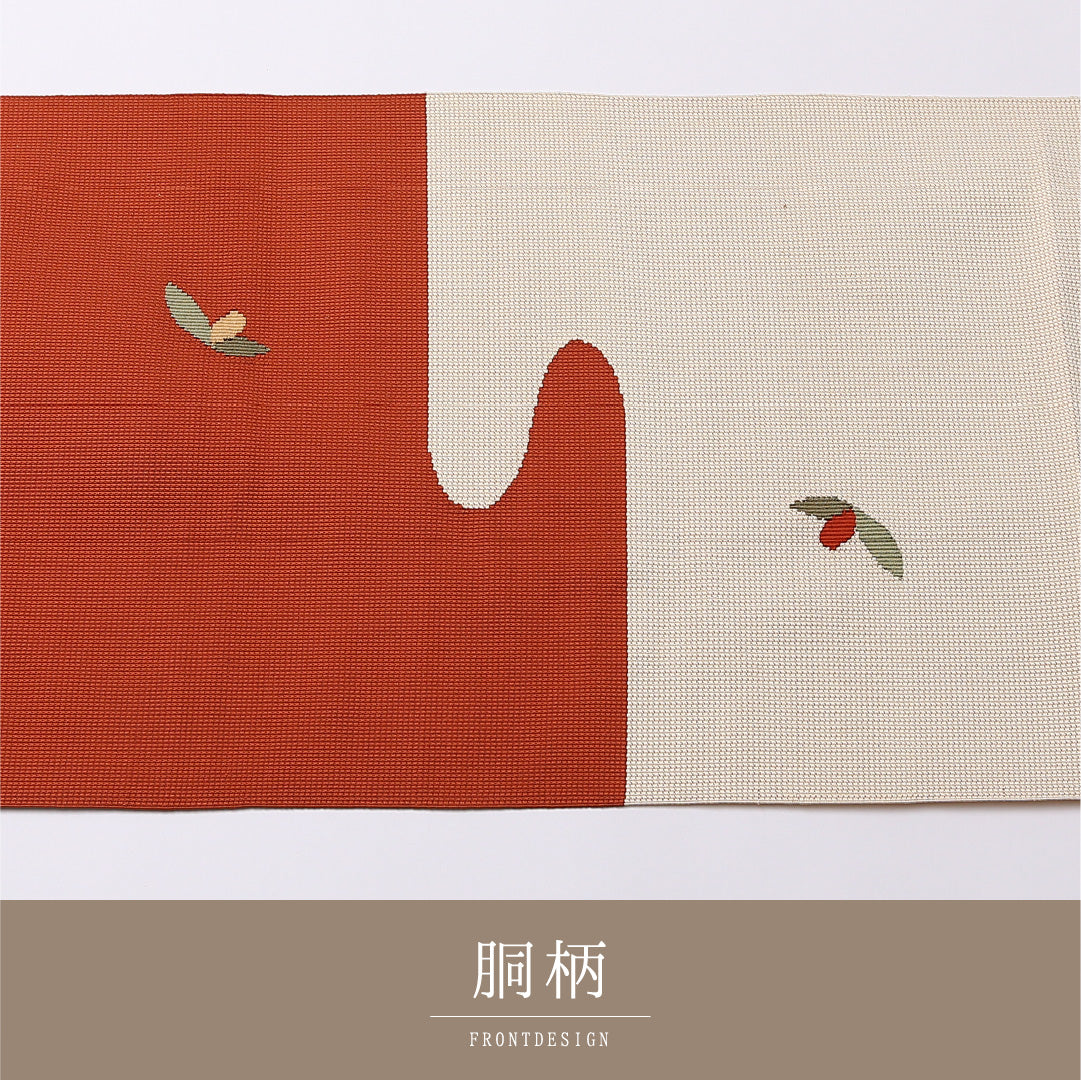 八寸名古屋帯 Sランク 帯丈369cm 正絹 ポイント柄 松葉仕立て 織り カジュアル 花柄 朱系 LP 1245-02680
