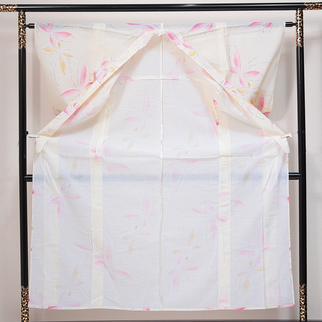 麻の紬 夏物 洗える着物 単衣 身丈152cm 裄丈62cm 麻 Sランク Sサイズ バチ衿 カジュアル 蝶 クリーム系 1216-14789