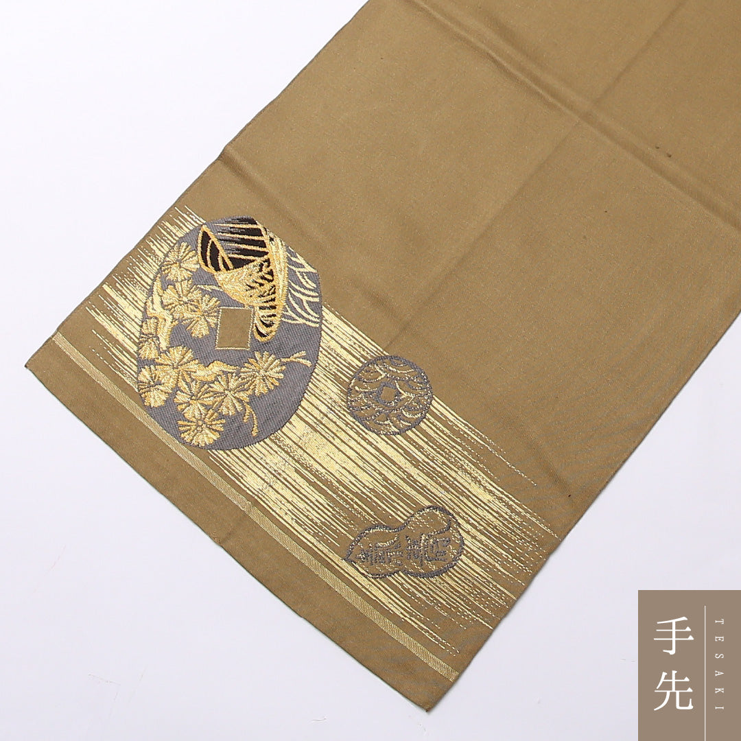 アンティーク 袋帯 帯丈392cm 六通 Aランク 正絹 小判 唐獅子 古典的 遊び心 ベージュ系 1223-01498