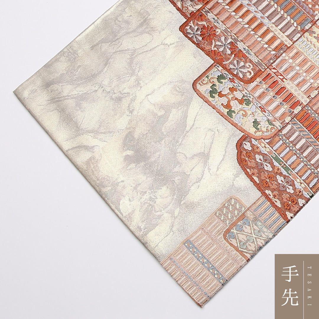 袋帯 帯丈432cm 正絹 六通 フォーマル 唐織 草木染 縅毛 銀系 1243-01050