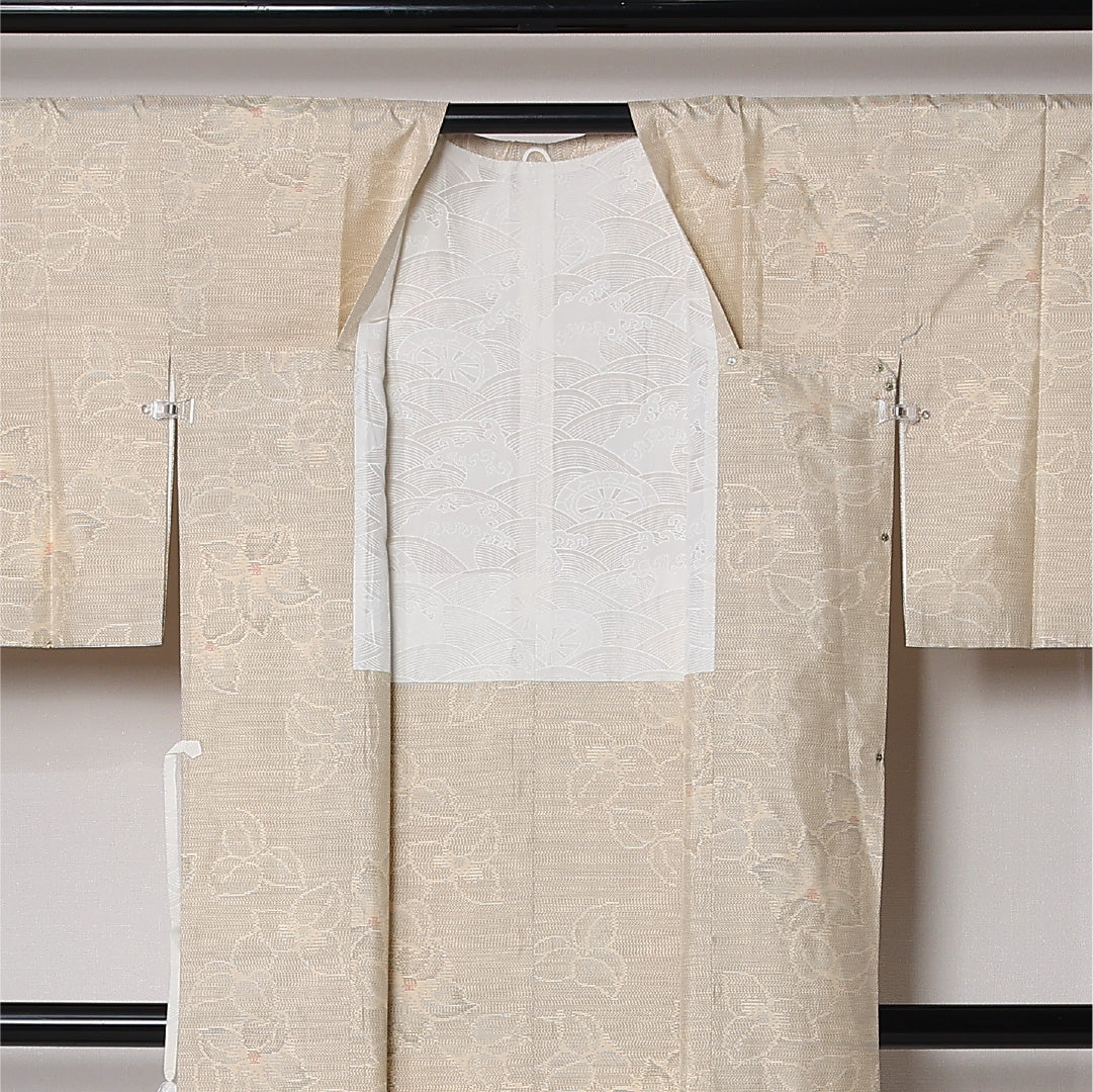道行コート (白大島紬) 袷 身丈88cm 裄丈66cm 正絹 Aランク カジュアル Mサイズ 花柄 クリーム系 M4 1237-12913