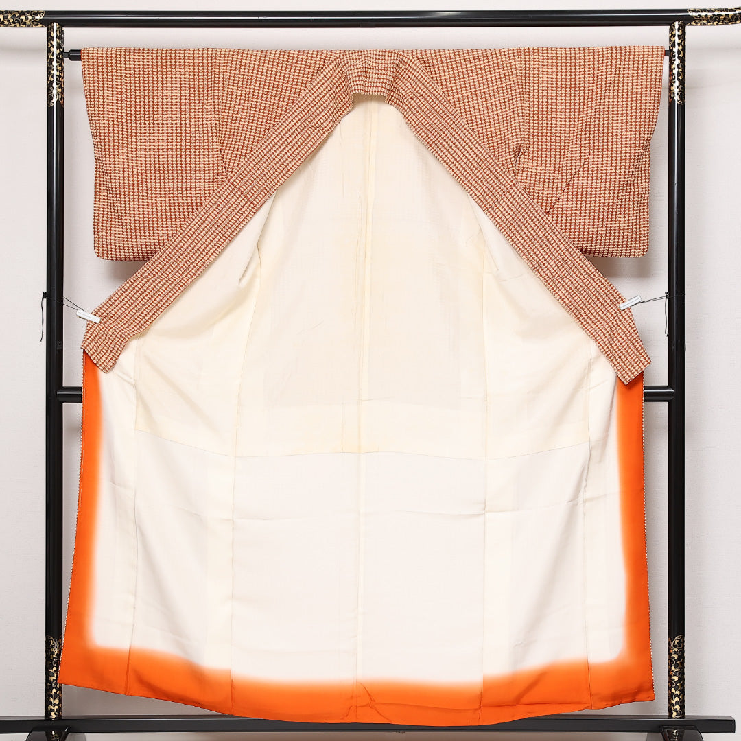 小紋 袷 身丈150cm 裄丈62cm 正絹 Aランク インフォーマル 広衿 Sサイズ 松 茶系 RP 1221-13572