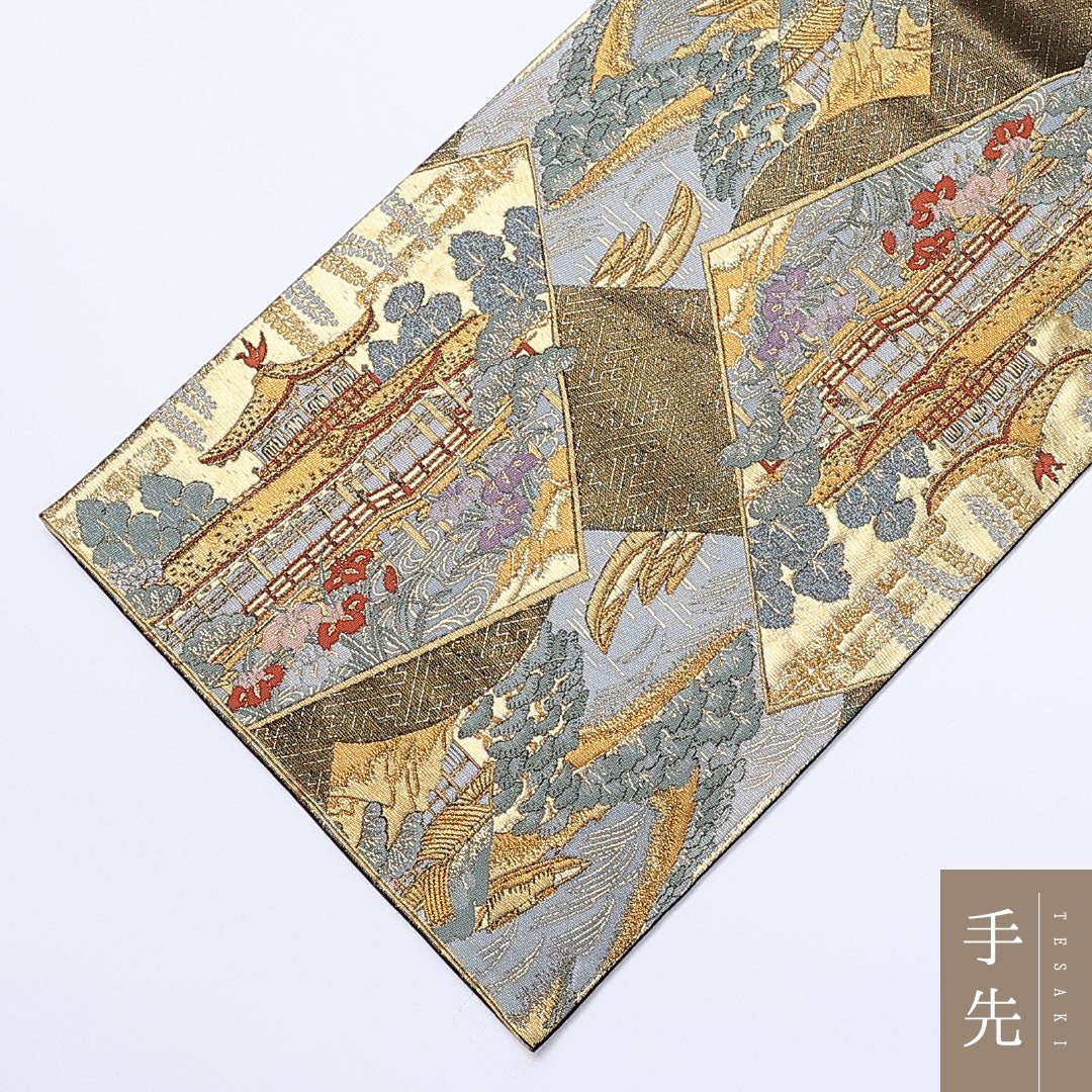 袋帯 帯丈436cm 六通 春日大社東西御廊 寺社仏閣 笠松 桜 紅葉 フォーマル 緑系 正絹 Sランク 1223-00957