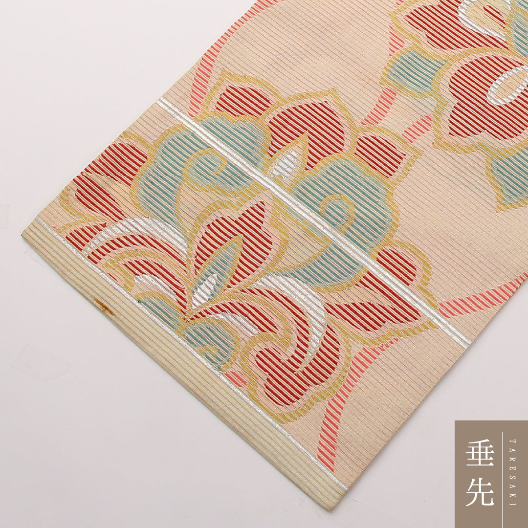 アンティーク 夏物 名古屋帯 六通 帯丈473cm Cランク 正絹 絽 宝相華 クリーム系 1224-02292
