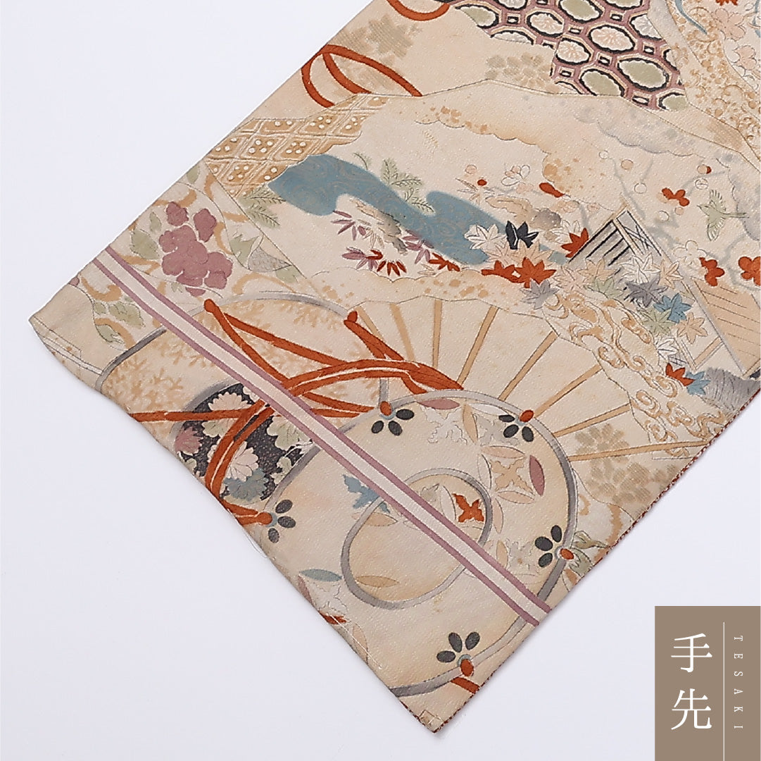 アンティーク 京袋帯 名古屋帯 帯丈370cm 全通 袋仕立て Cランク セミフォーマル リバーシブル 正絹 クリーム系 1224-01364