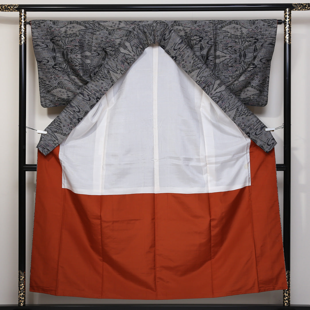 紬 袷 身丈155cm 裄丈64cm 正絹 Sランク カジュアル 広衿 Mサイズ 経緯絣 茶屋辻 グレー系 RP 1223-03145