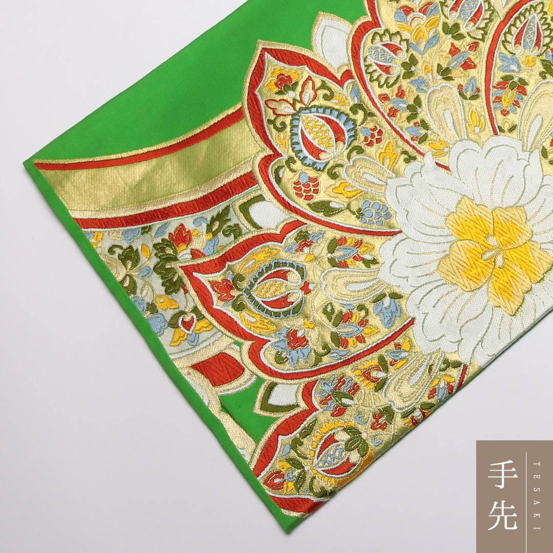 振袖用 袋帯 帯丈422cm 正絹 六通 唐織 宝相華 緑系 1243-01333