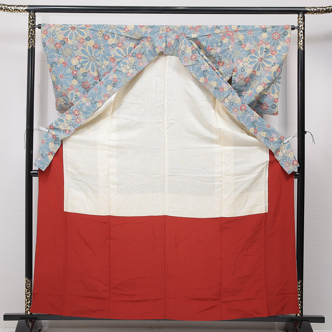 小紋 袷 身丈162cm 裄丈63cm 正絹 Aランク インフォーマル 広衿 Lサイズ 菊 水色系 HP 1221-15622