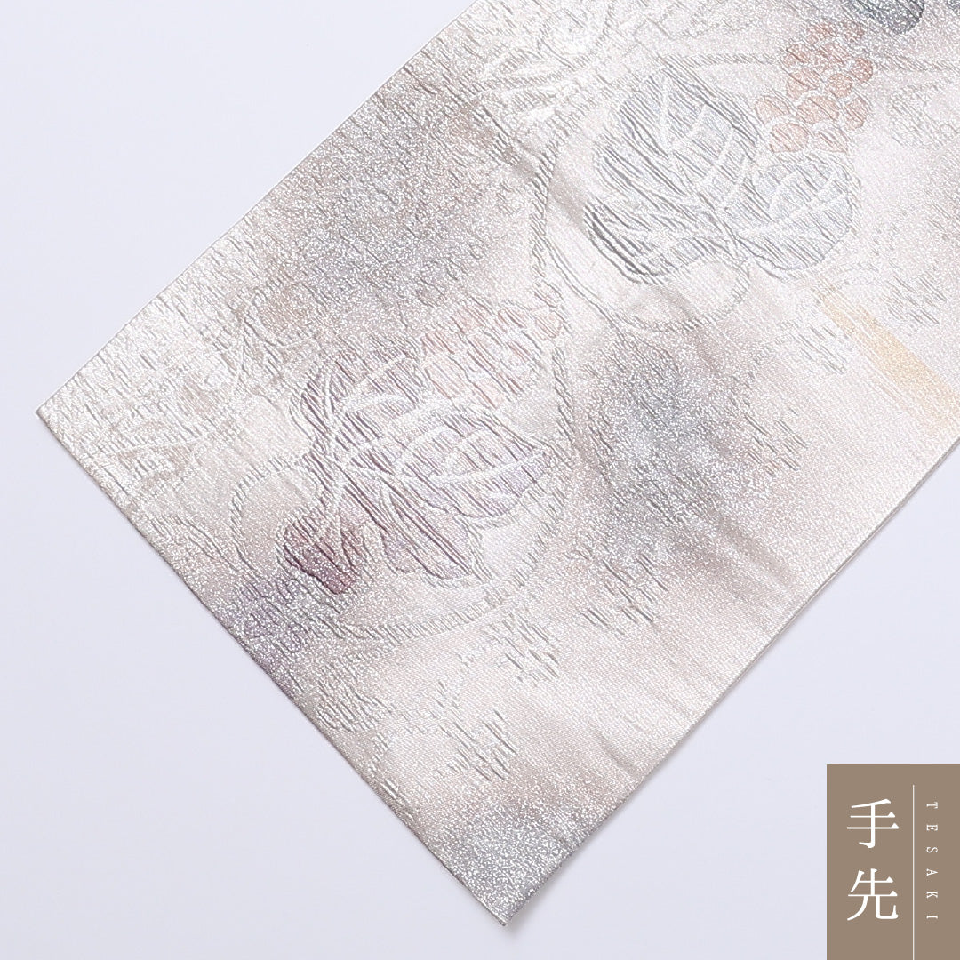 袋帯 帯丈428cm 六通 葡萄 ふくれ織 セミフォーマル 銀系 正絹 Aランク 1223-00979