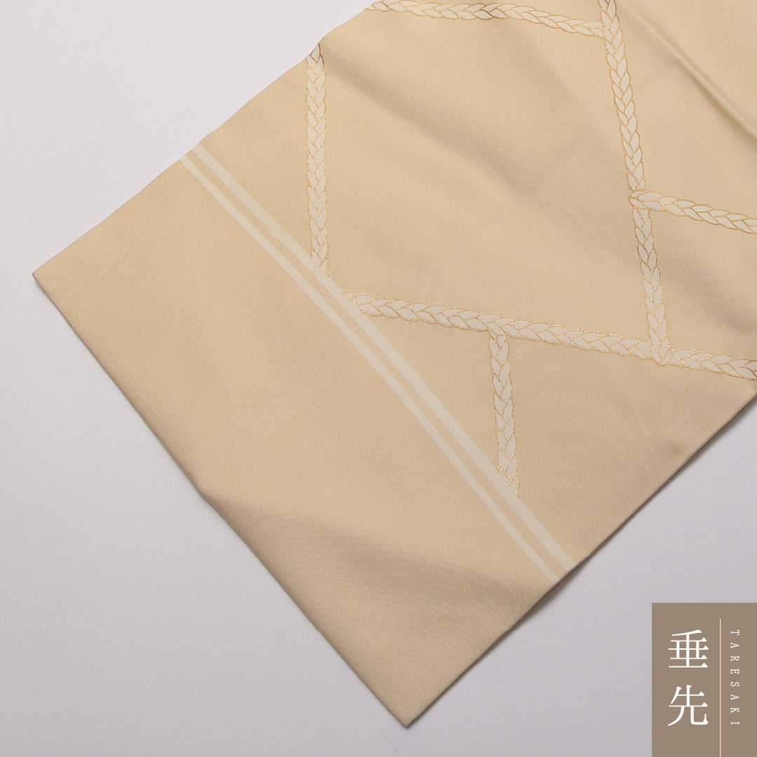 名古屋帯 ポイント柄 帯丈373cm カジュアル Sランク 正絹 笹 鶴 鼓 菱 菊 ベージュ系 1224-01762