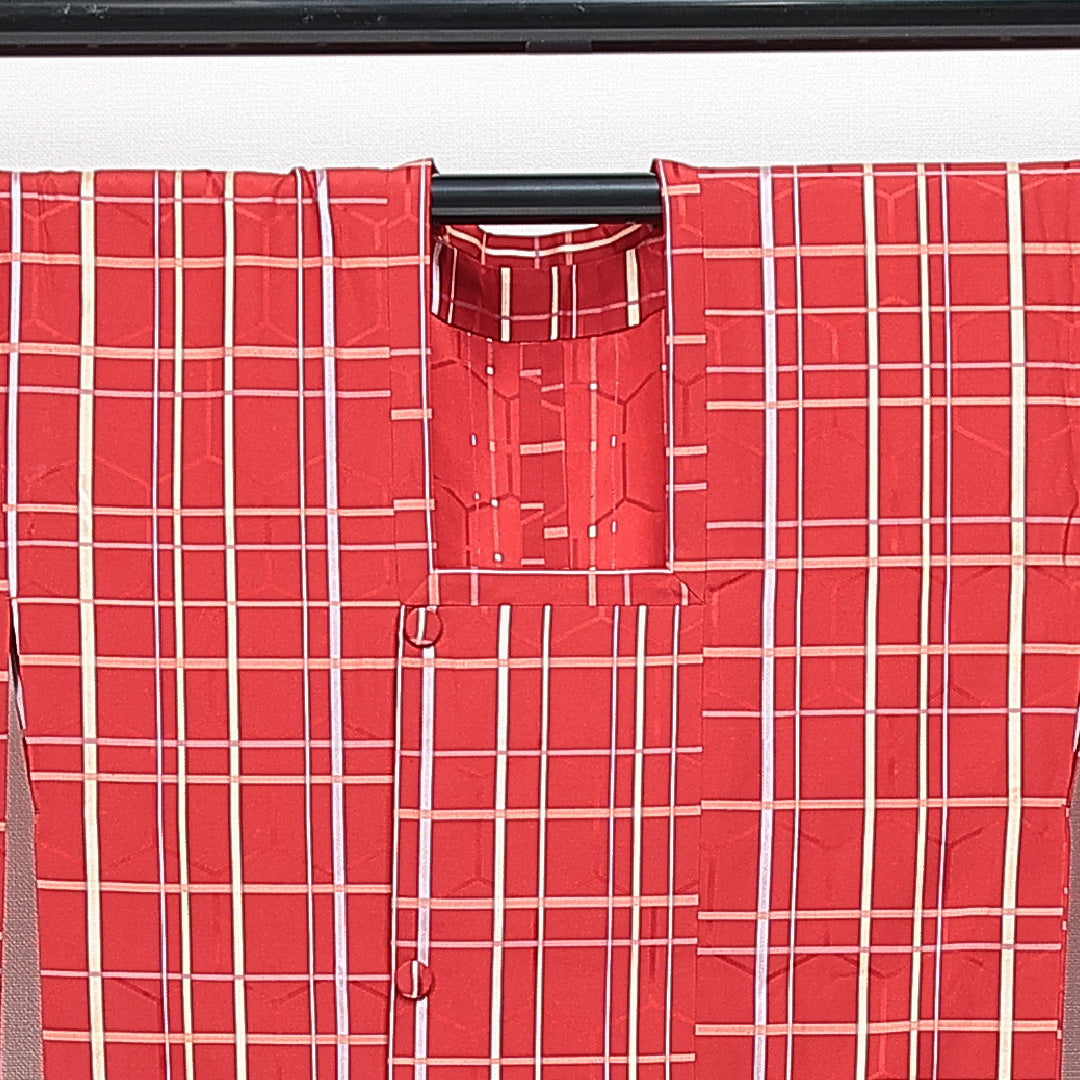道行コート 袷 身丈128cm 裄丈62cm 正絹 Sランク セミフォーマル Sサイズ ポケットあり 格子 赤系 RP 1237-14838