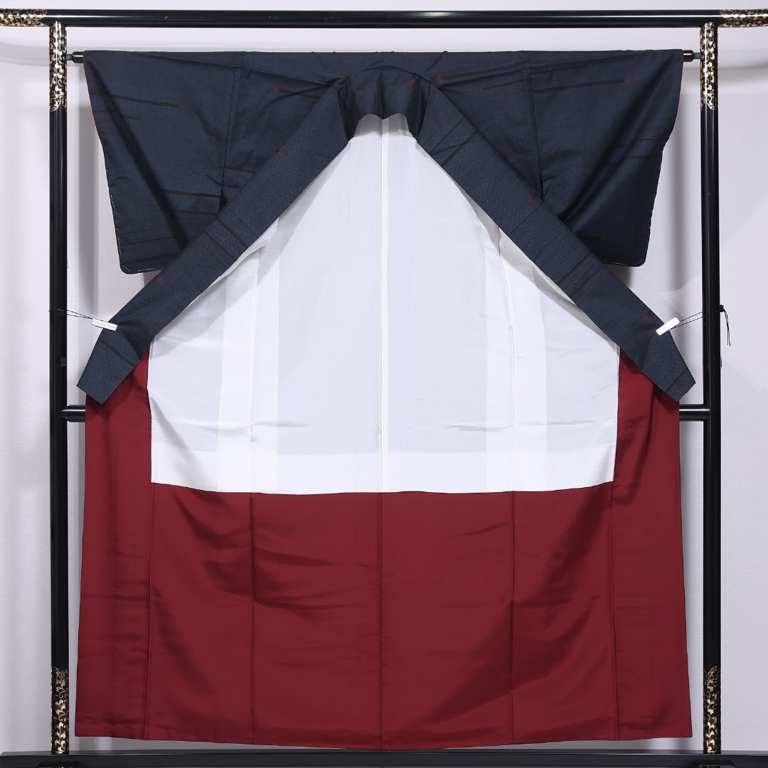 紬 袷 身丈157cm 裄丈63cm 正絹 Aランク カジュアル 広衿 Mサイズ 創作柄 紺系 HP 1223-11832