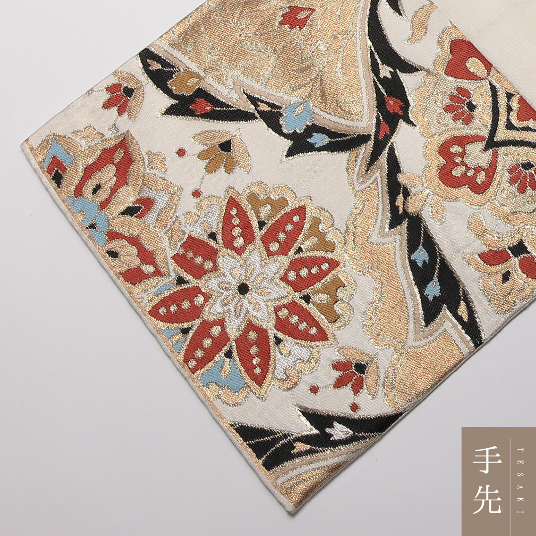 レトロ 袋帯 帯丈412cm 六通 宝相華 フォーマル クリーム系 正絹 Aランク 1223-01355