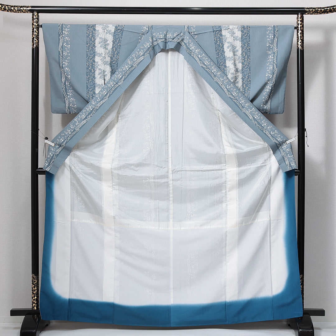 小紋 洗える着物 袷 身丈167cm 裄丈62cm ポリエステル Bランク XLサイズ 広衿 インフォーマル 梅 縞 グレー系 1215-15004