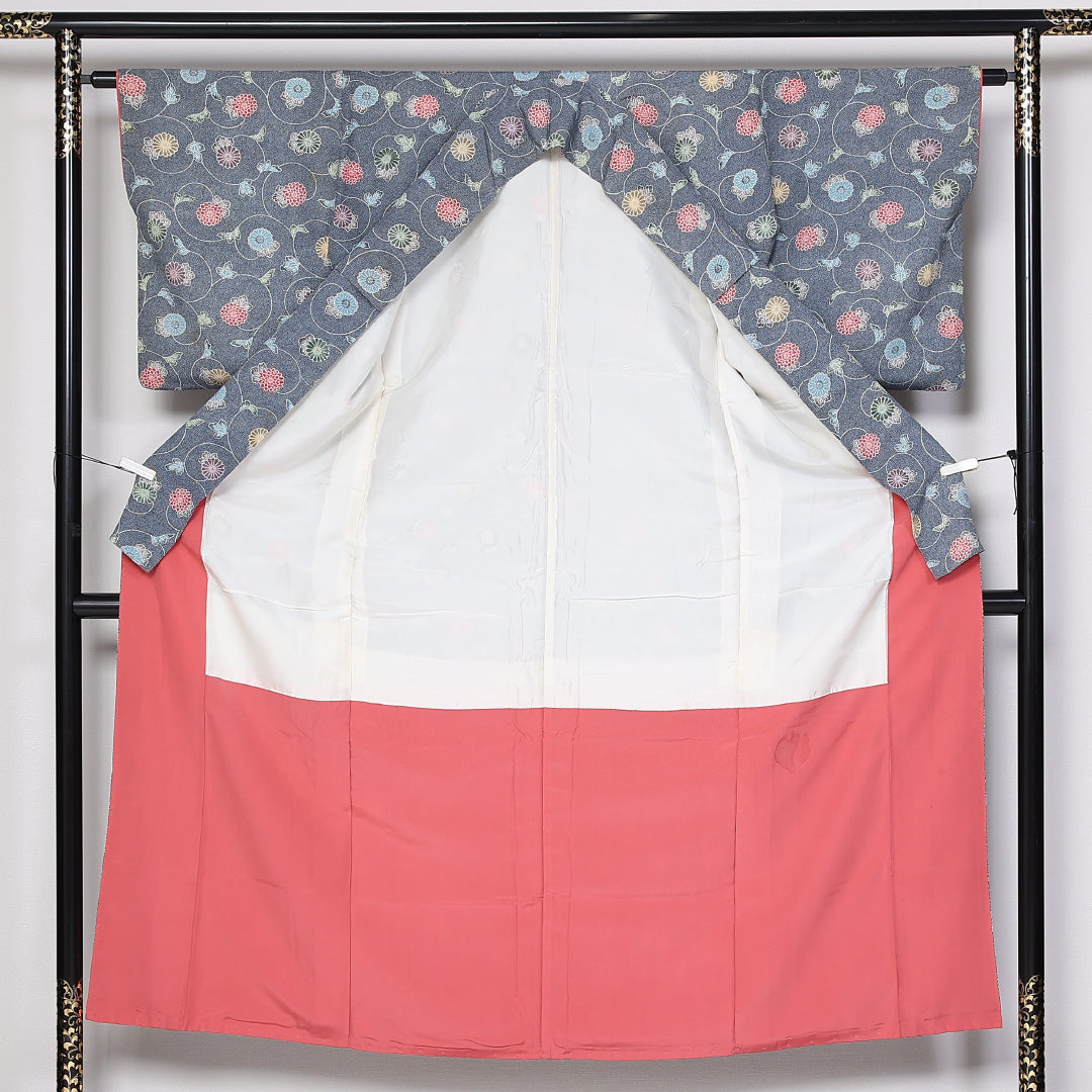 小紋 袷 身丈151cm 裄62cm 正絹 鮫 唐草 菊 青系 Cランク 1215-02439