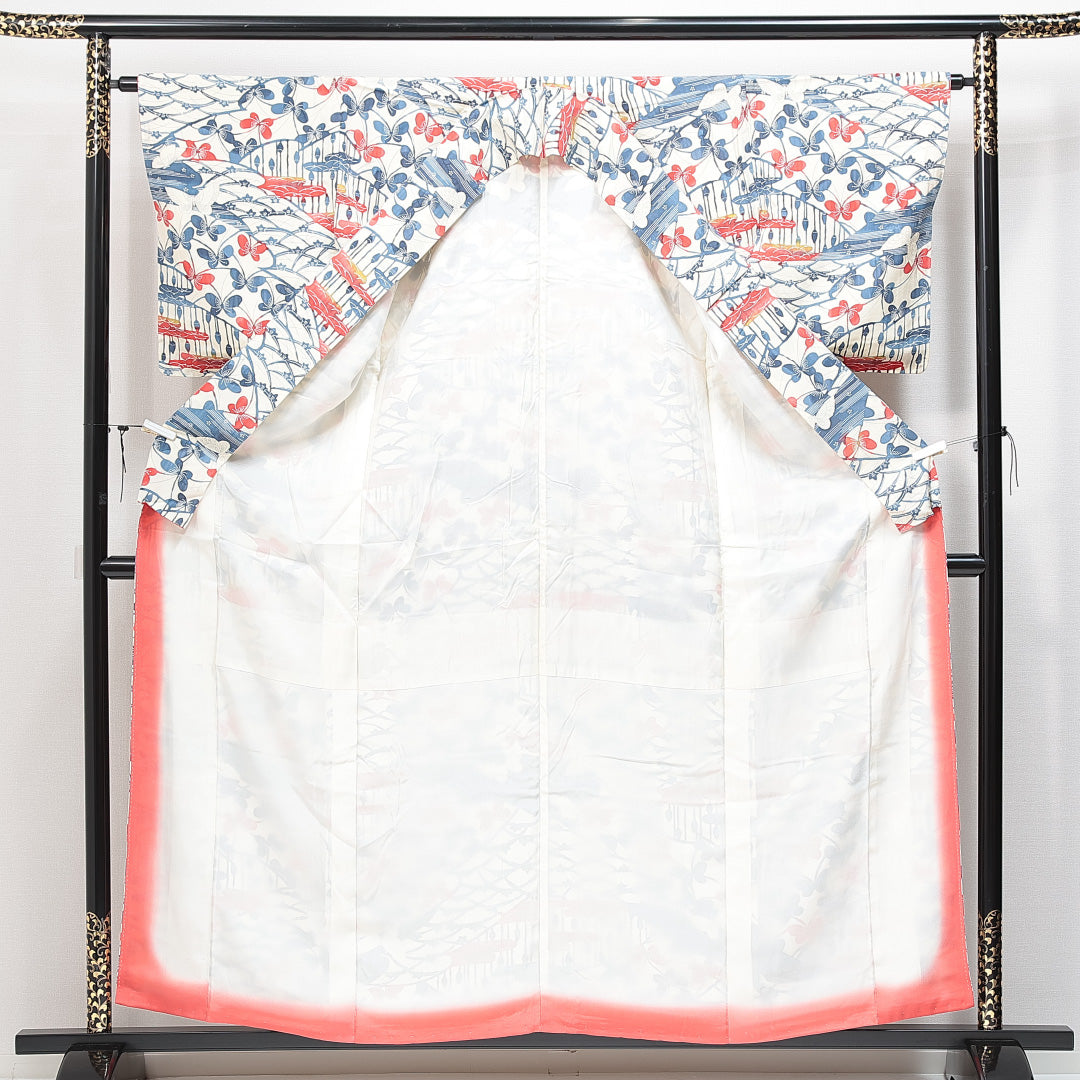 新古品 小紋 袷 身丈156cm 裄丈63cm 正絹 Nランク Mサイズ 広衿 インフォーマル 蝶 抽象柄 しつけ糸 クリーム系 1215-14853