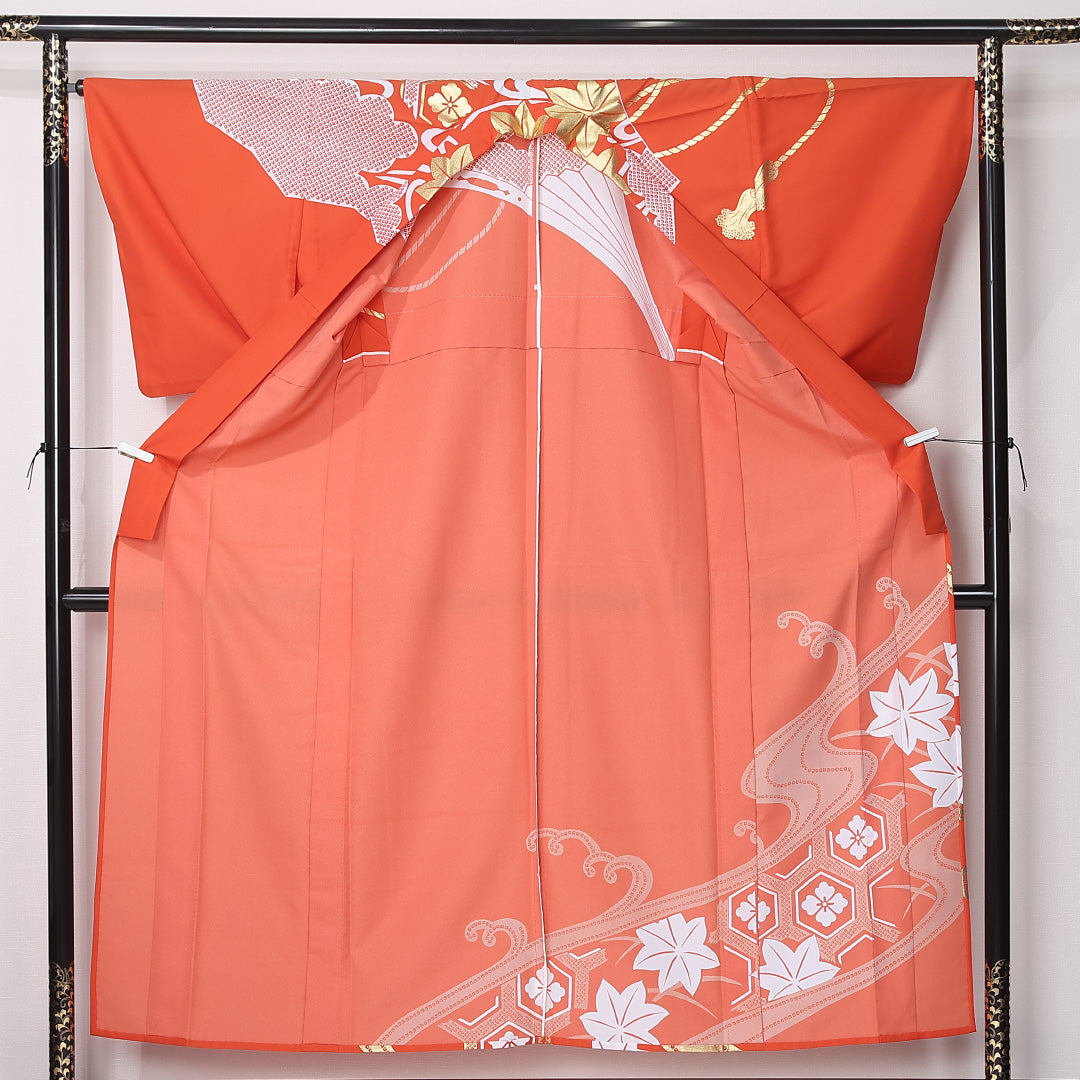 洗える着物 訪問着 単衣 身丈153cm 裄丈66cm ポリエステル Sランク セミフォーマル バチ衿 Sサイズ 扇 花菱亀甲 紅葉 朱系 RP 1217-12444