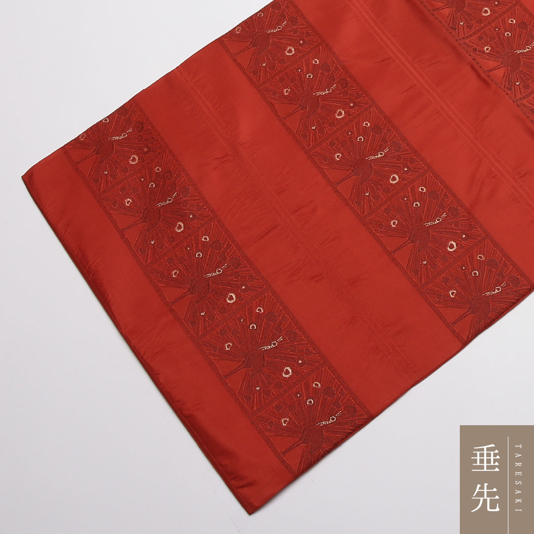 未使用品 九寸名古屋帯 帯丈356cm 正絹 全通 名古屋仕立て 織り カジュアル しつけ糸 孔雀 朱系 GP 1245-01850