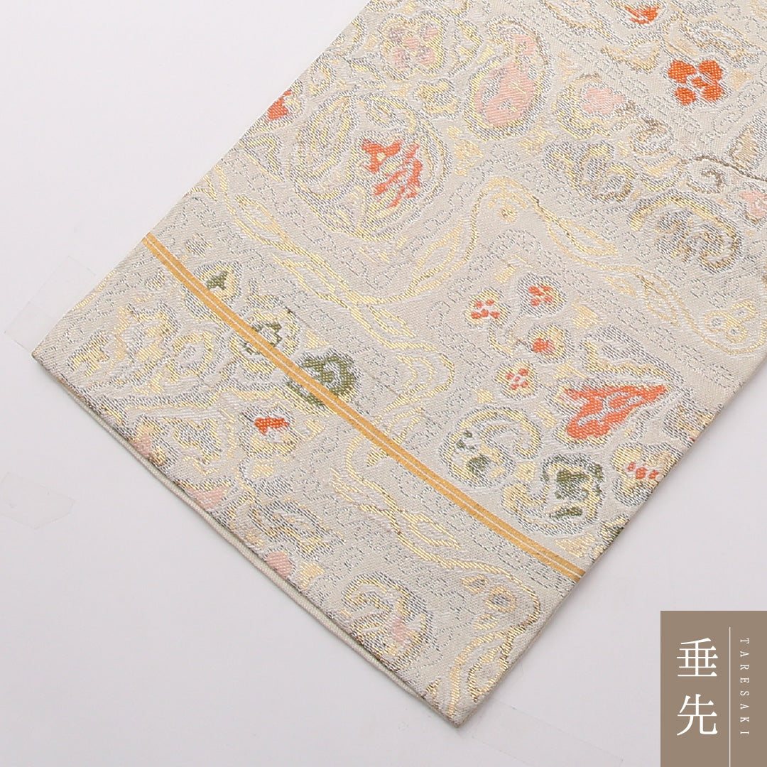 アンティーク 名古屋帯 六通 帯丈325cm Aランク 正絹 唐華 花柄 クリーム系 1224-02370
