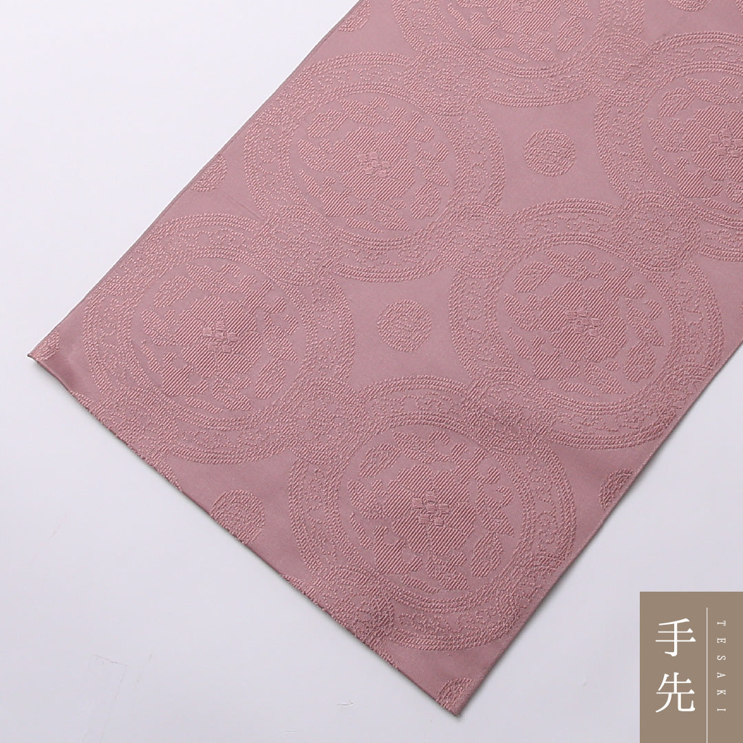 袋帯 帯丈436cm 正絹 六通 セミフォーマル 唐草華文 丸文 ピンク系 1243-01532